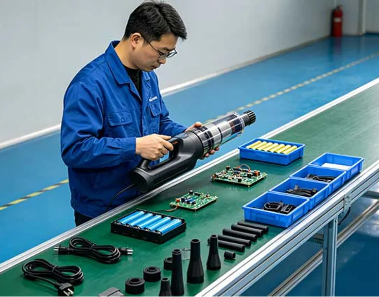 Inline QC inspector verifying lithium battery packs, circuit boards, and components on an electronics assembly line for car vacuum cleaners